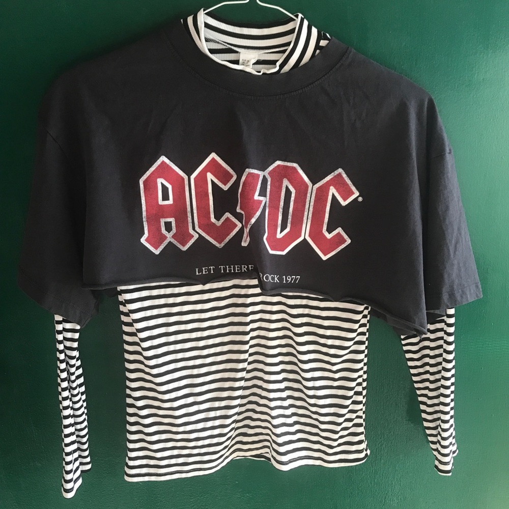 H&M AC/DC Crop Top + Black/White Striped Mockneck Set
